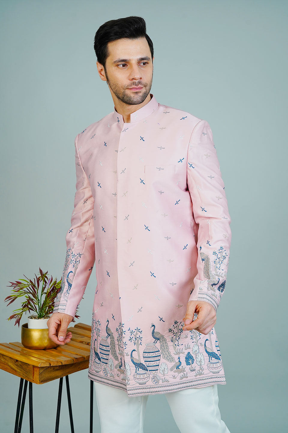 Polyester Satin Pink Bandhgala