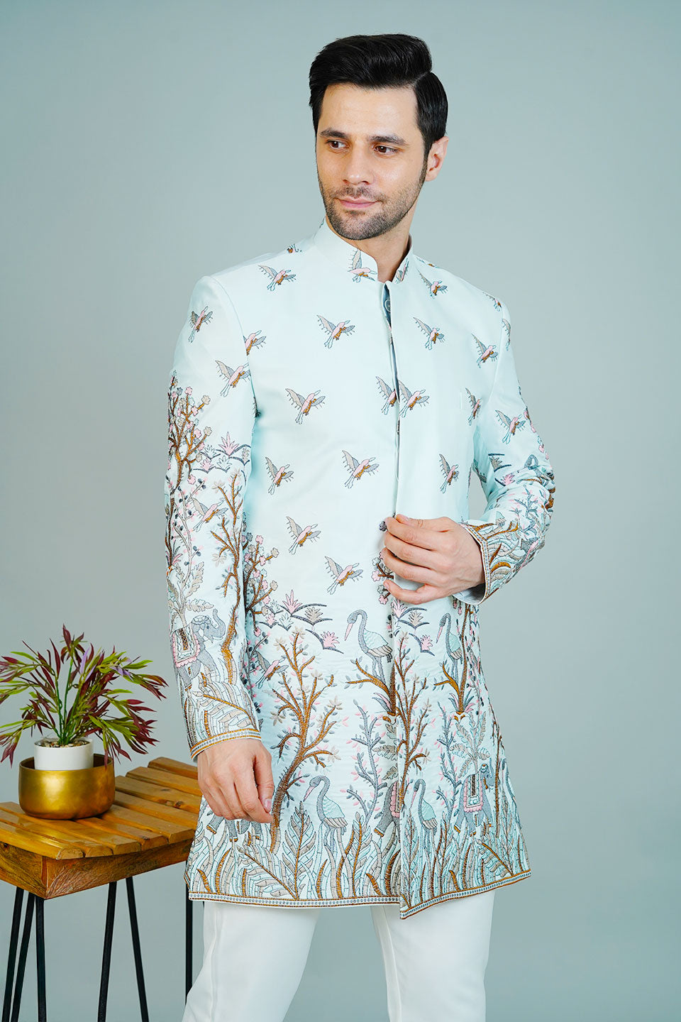 Polyester Satin Blue Bandhgala