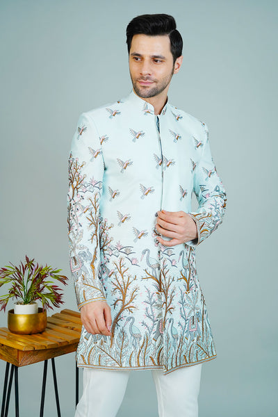 Polyester Satin Blue Bandhgala