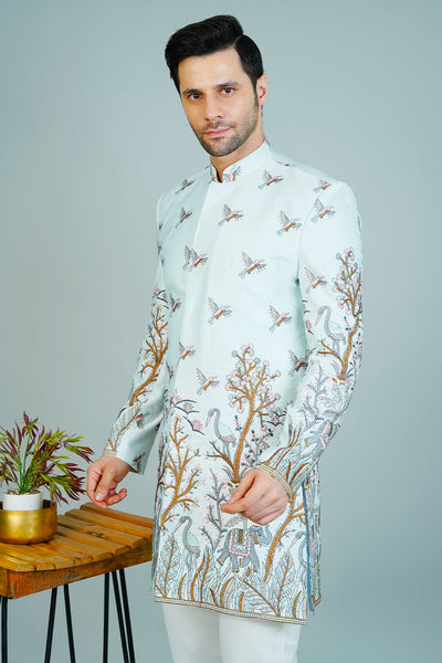 Polyester Satin Blue Bandhgala