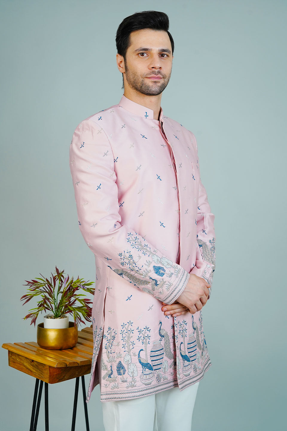 Polyester Satin Pink Bandhgala