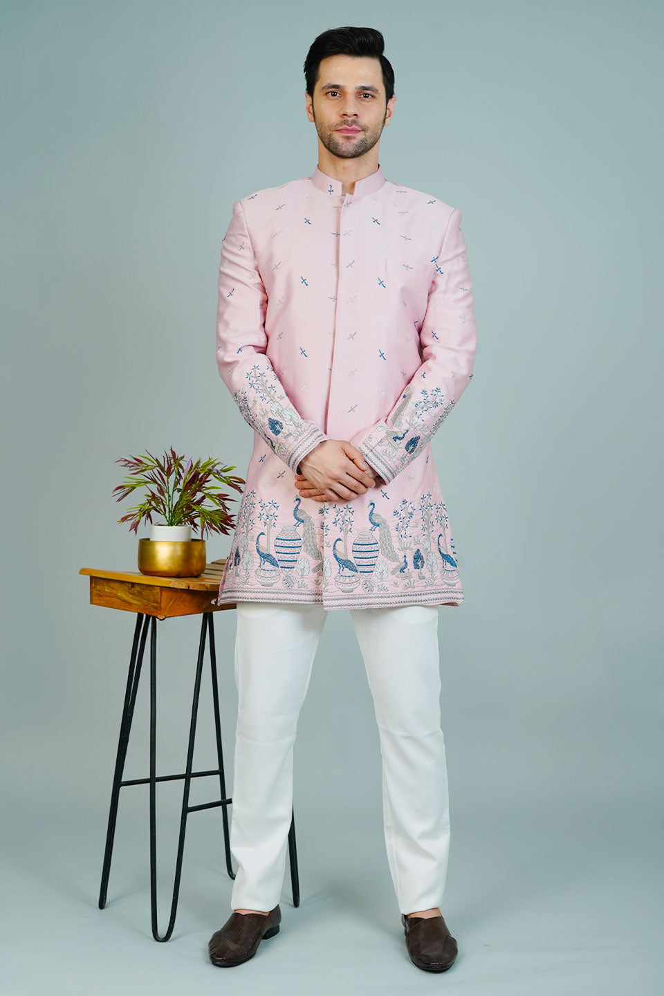 Polyester Satin Pink Bandhgala