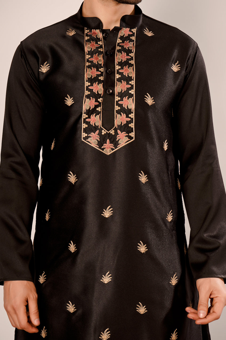 Black Self Design Kurta Indowestern Churidar Set
