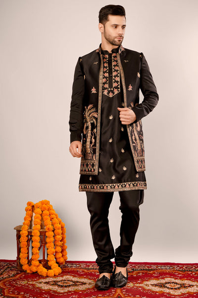 Buy Wintage Men's Black Self Design Kurta Indowestern Churidar Set
