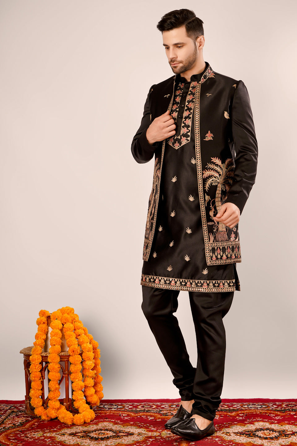Black Self Design Kurta Indowestern Churidar Set