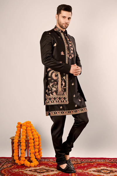 Black Self Design Kurta Indowestern Churidar Set