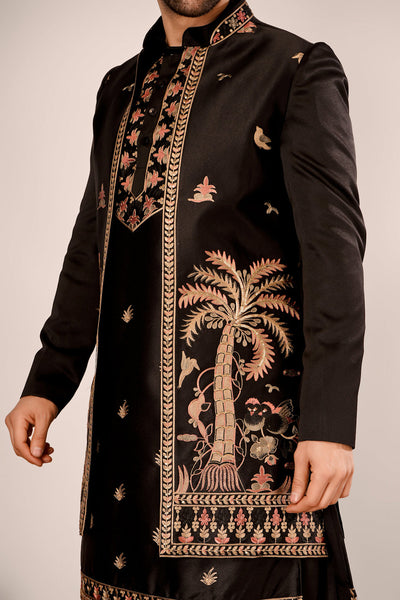 Black Self Design Kurta Indowestern Churidar Set
