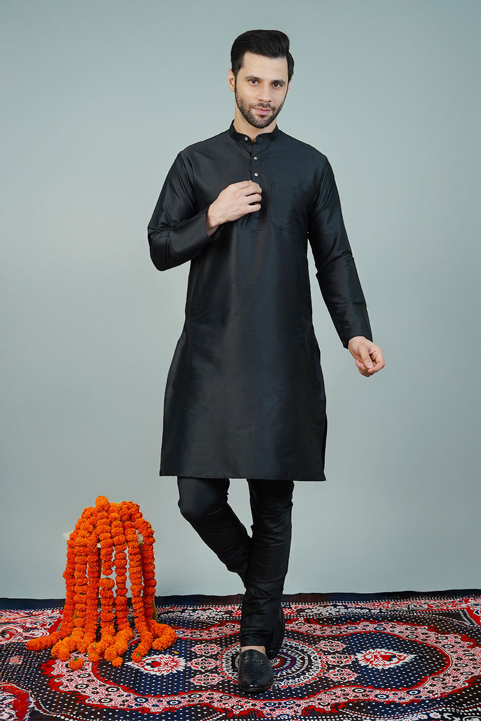 Silk Black Long Kurtas