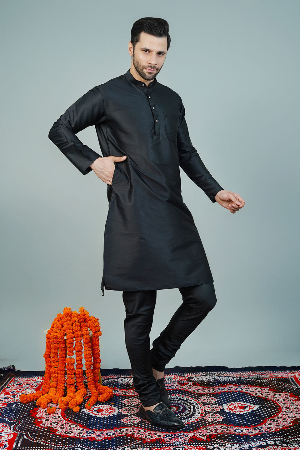 Silk Black Long Kurtas
