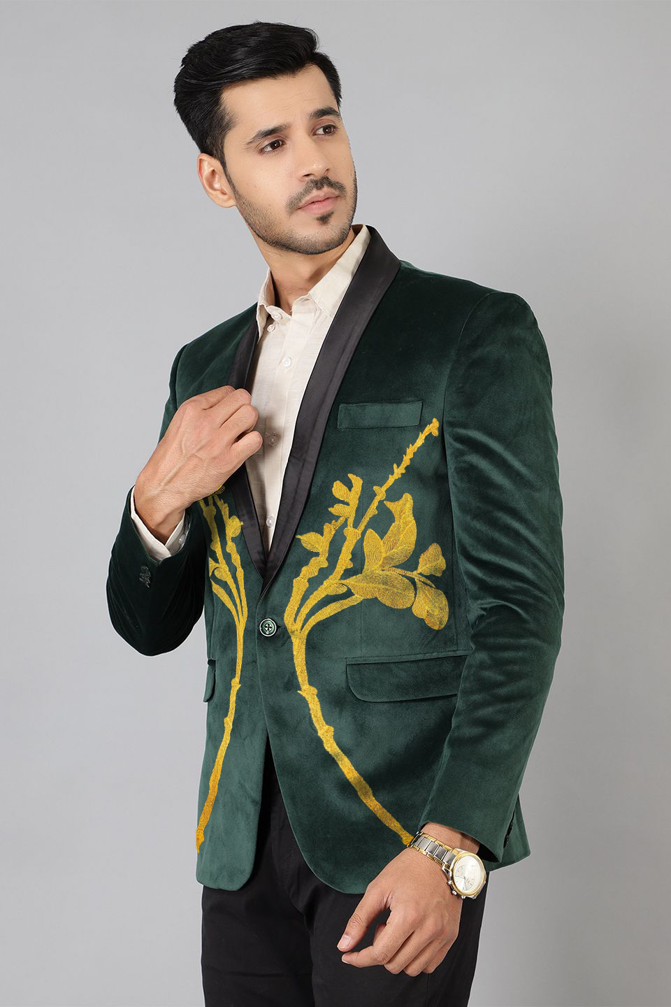 Dust Free Velvet Green Tuxedo with Gold Embroidery