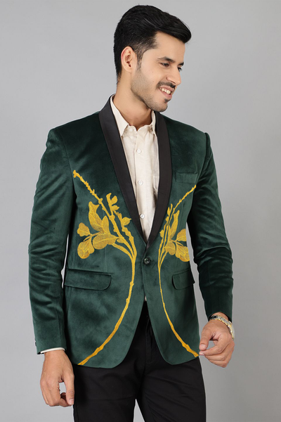 Dust Free Velvet Green Tuxedo with Gold Embroidery