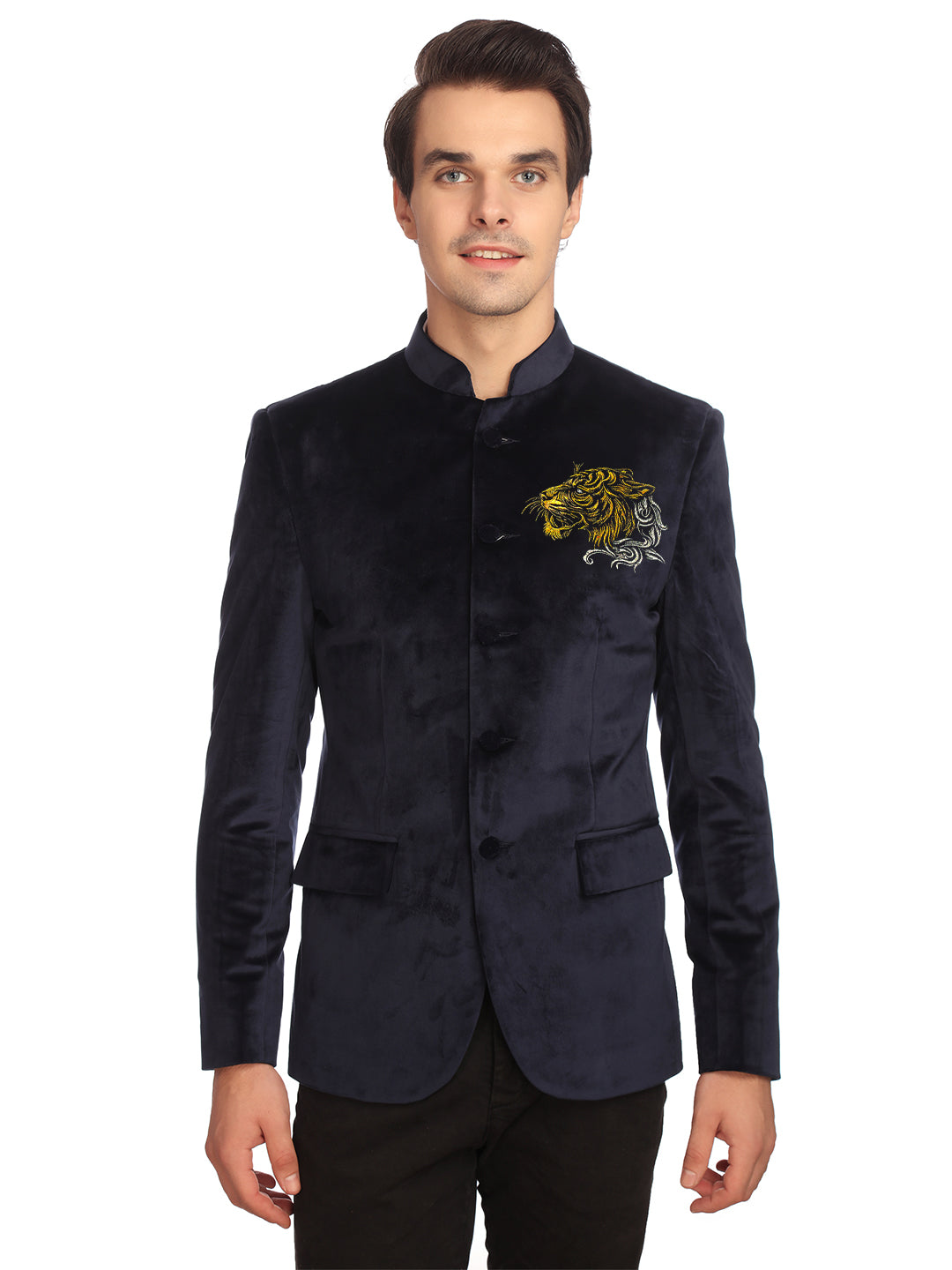 Gold Tiger-EmbroideBlue Blue Velvet Bandhgala