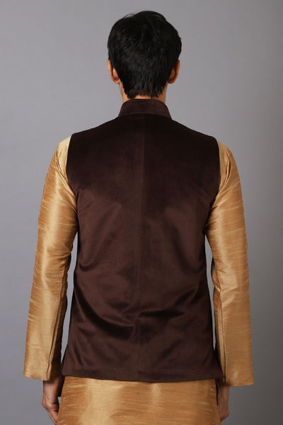 Brown Velvet Nehru Jacket with Gold Embroidery