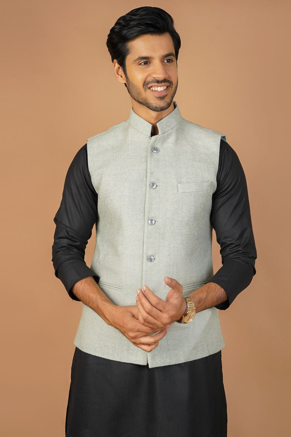 Tweedwool Green Nehru Jacket