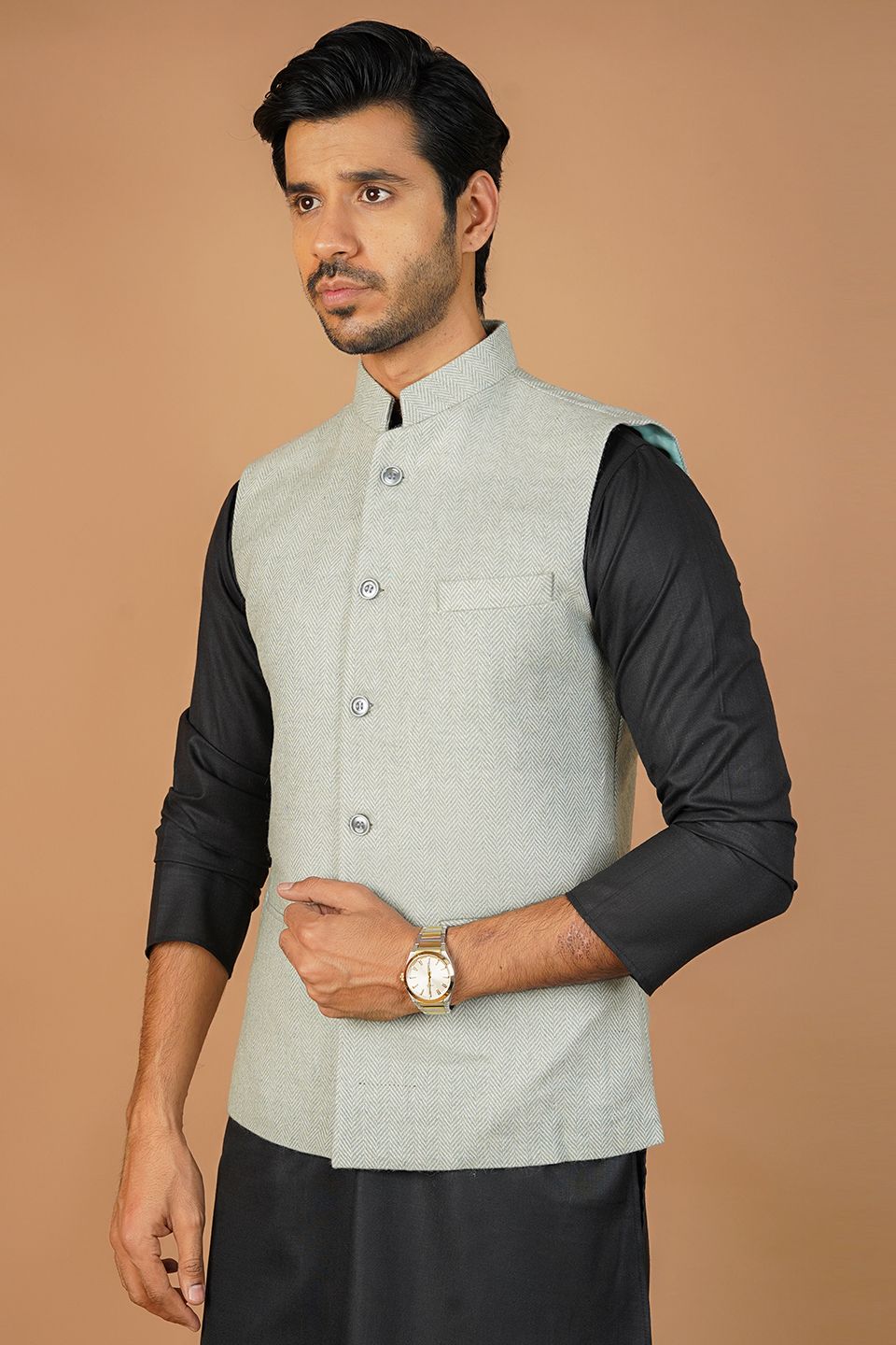 Tweedwool Green Nehru Jacket