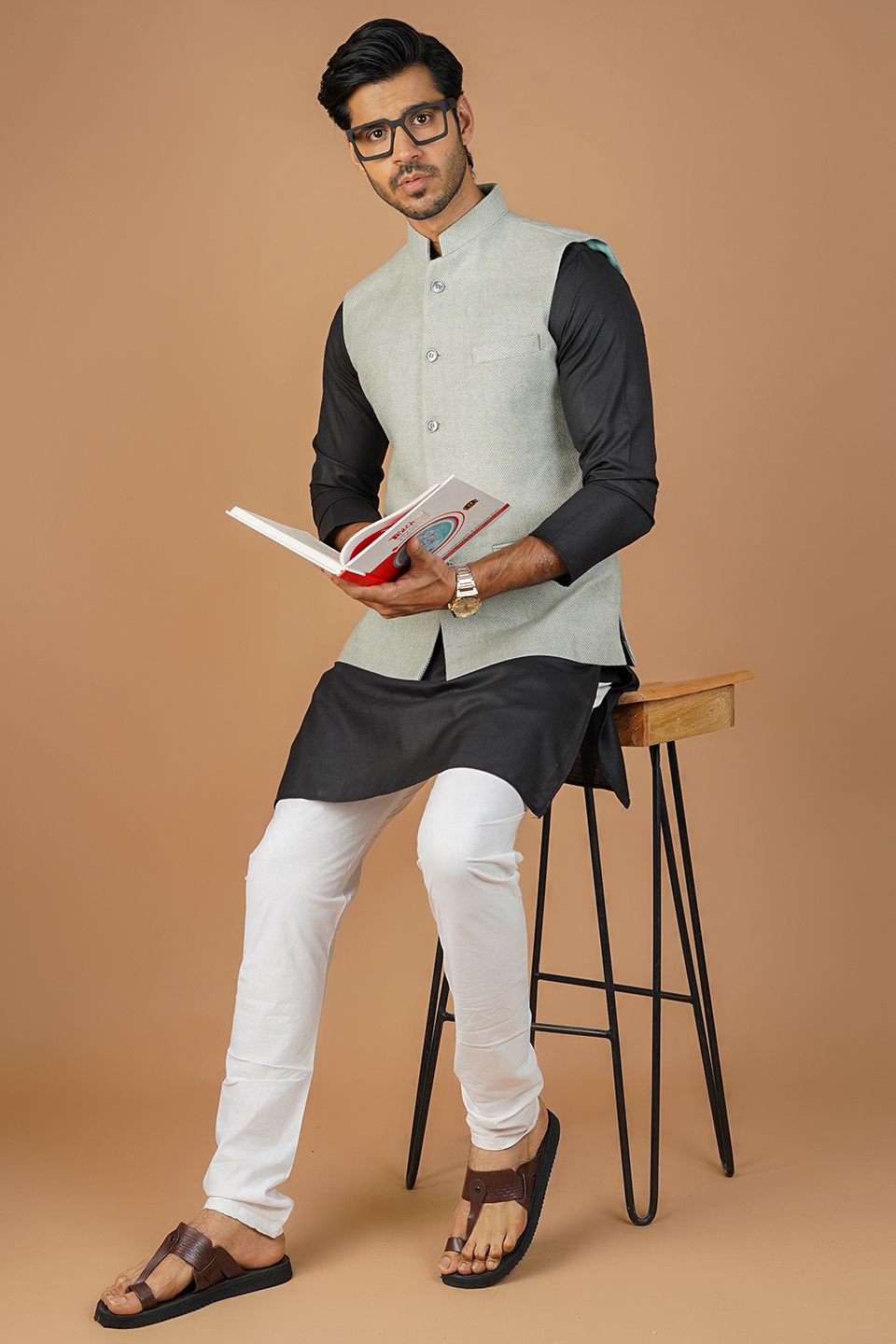 Tweedwool Green Nehru Jacket