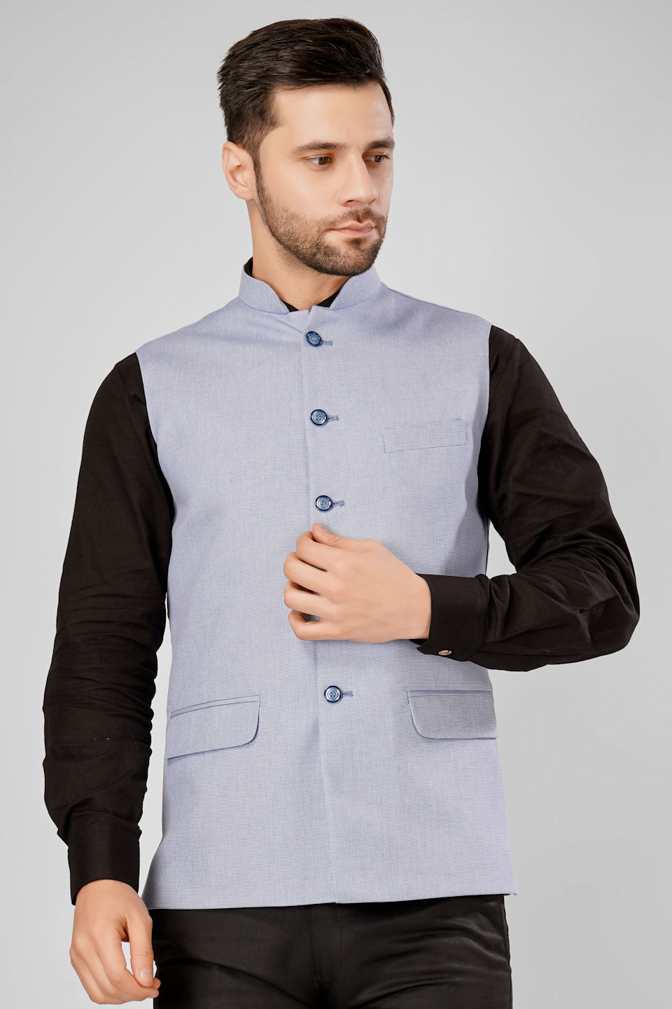 Buy Wintage Men's Polyester Cotton Blue Nehru Jacket