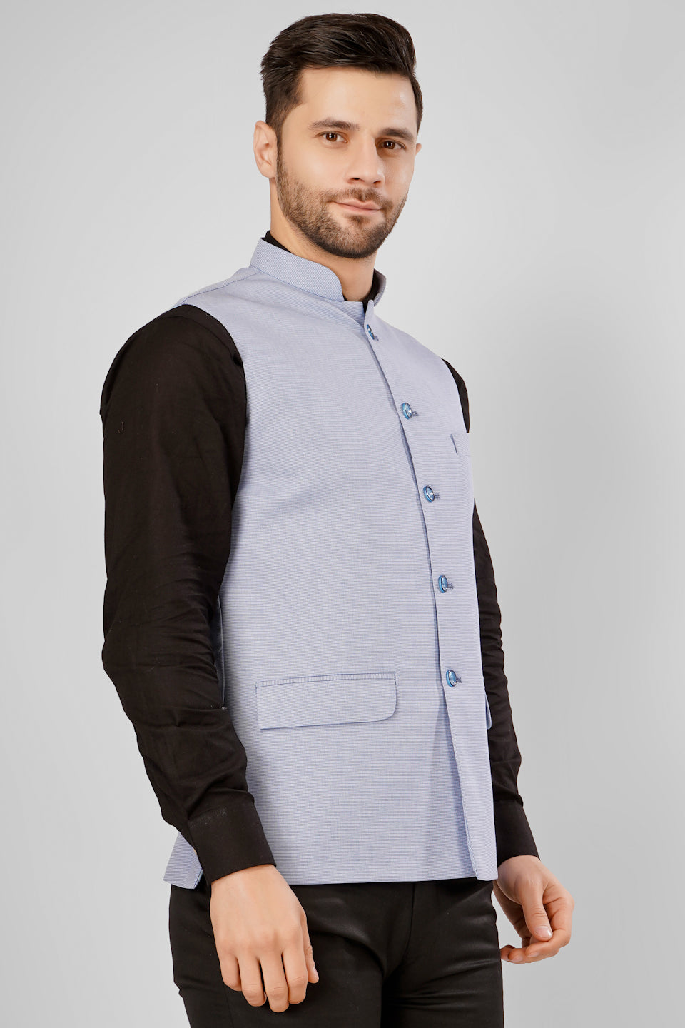 Polyester Cotton Blue Nehru Jacket