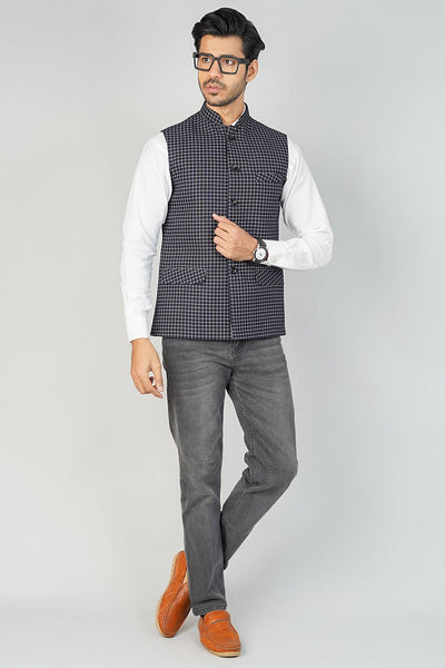 100% Cotton Check Black Nehru Jacket