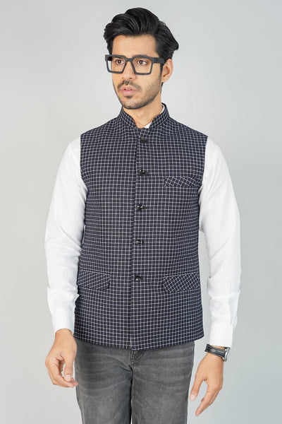 100% Cotton Check Black Nehru Jacket