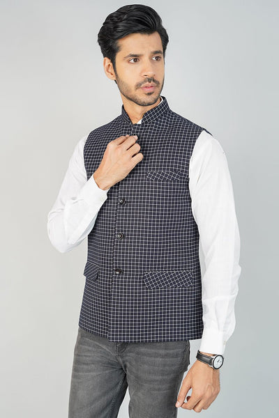 100% Cotton Check Black Nehru Jacket