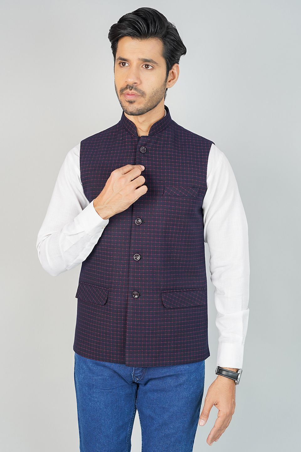 100% Cotton Check Blue Nehru Jacket