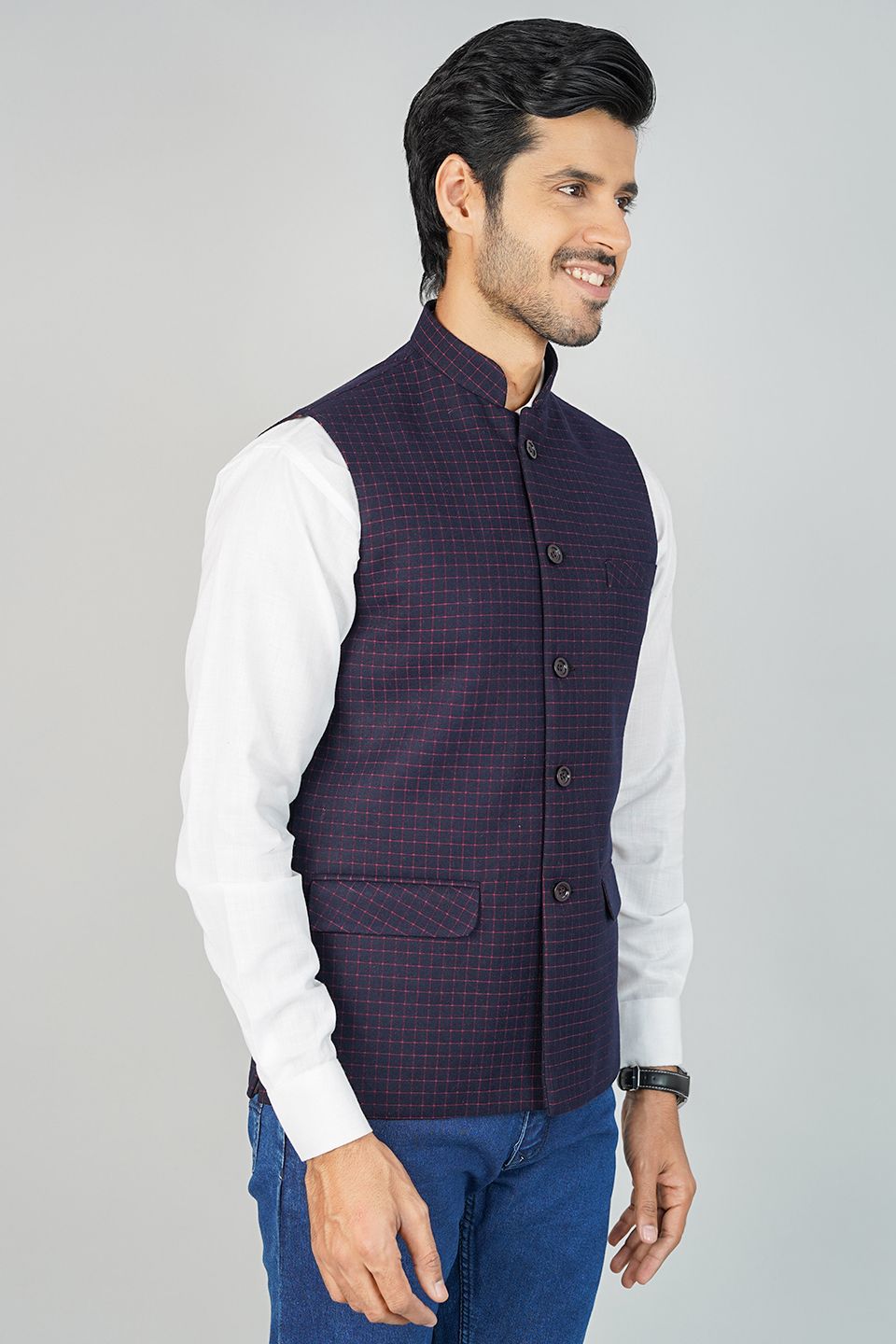 100% Cotton Check Blue Nehru Jacket