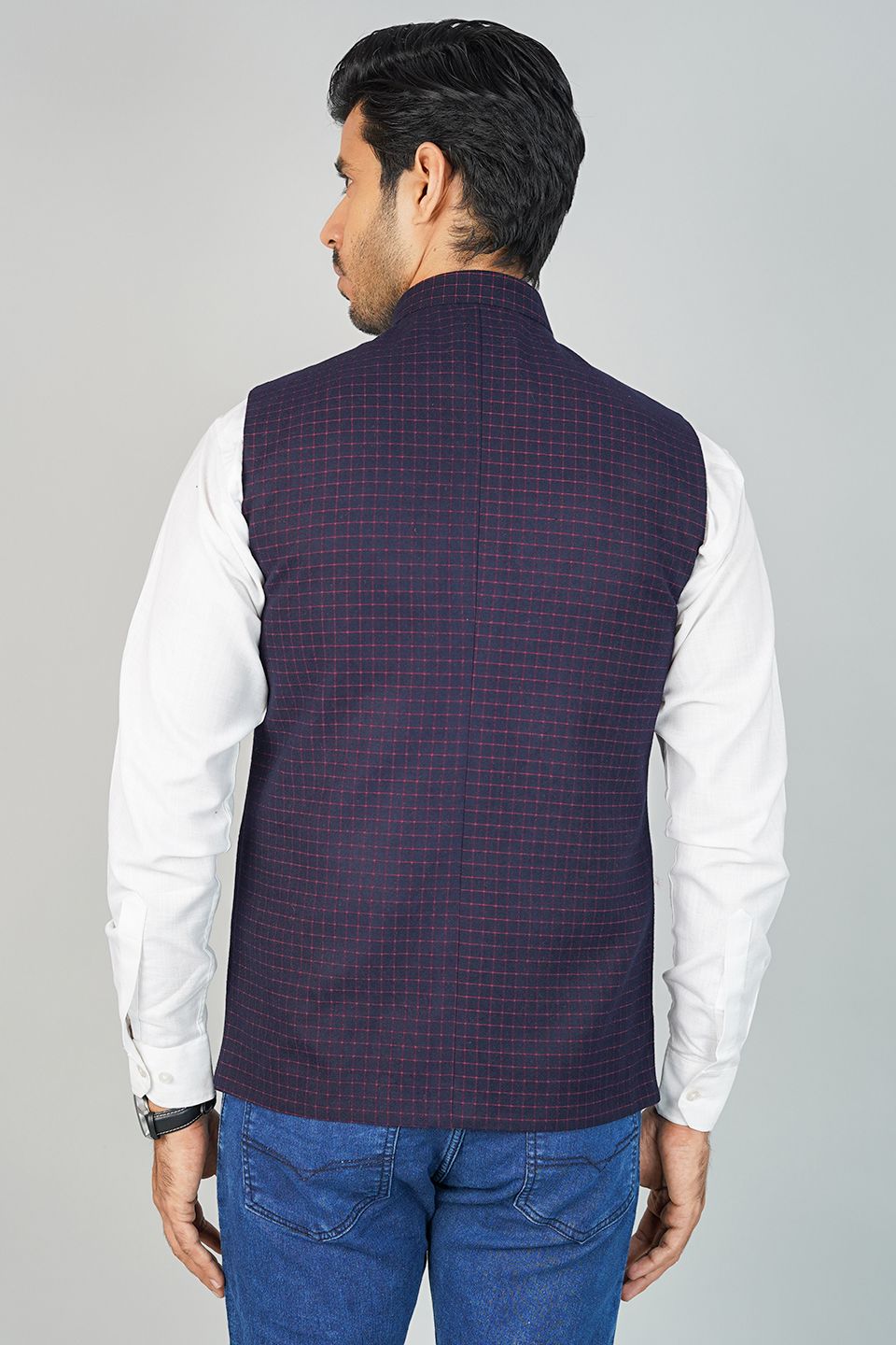 100% Cotton Check Blue Nehru Jacket