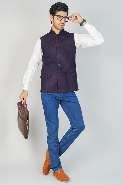 100% Cotton Check Blue Nehru Jacket