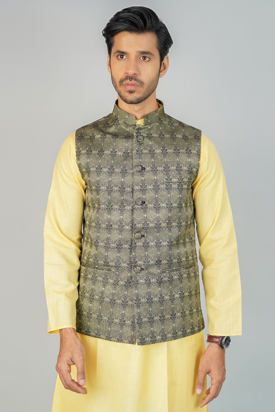 Banarasi Rayon Cotton Green Nehru Jacket