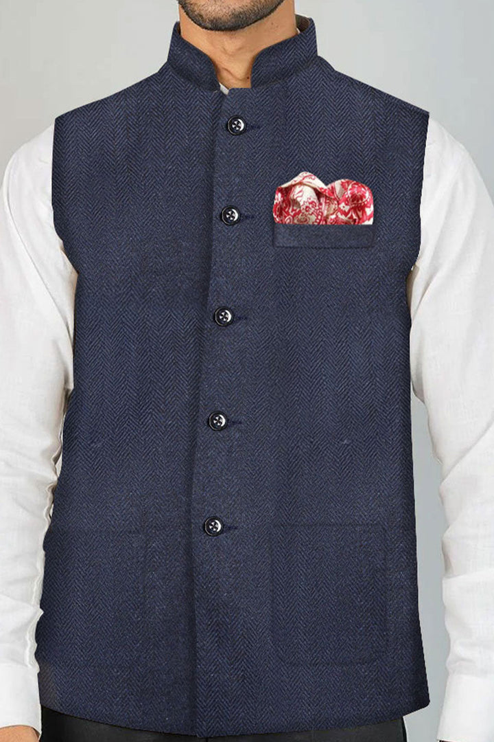 Wintage Men's Wool Blend Grandad Nehru Jacket Vest Waistcoat: Navy