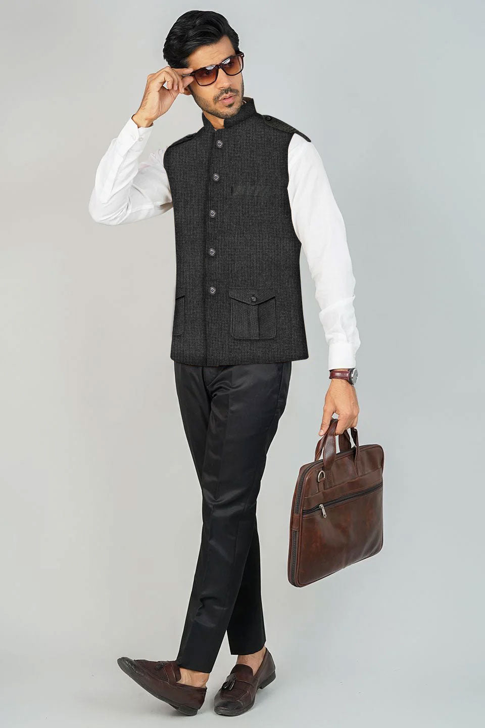 Wintage Men's Tweedwool Black Modi Nehru Jacket