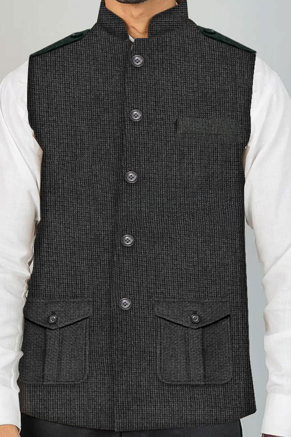 Wintage Men's Tweedwool Black Modi Nehru Jacket