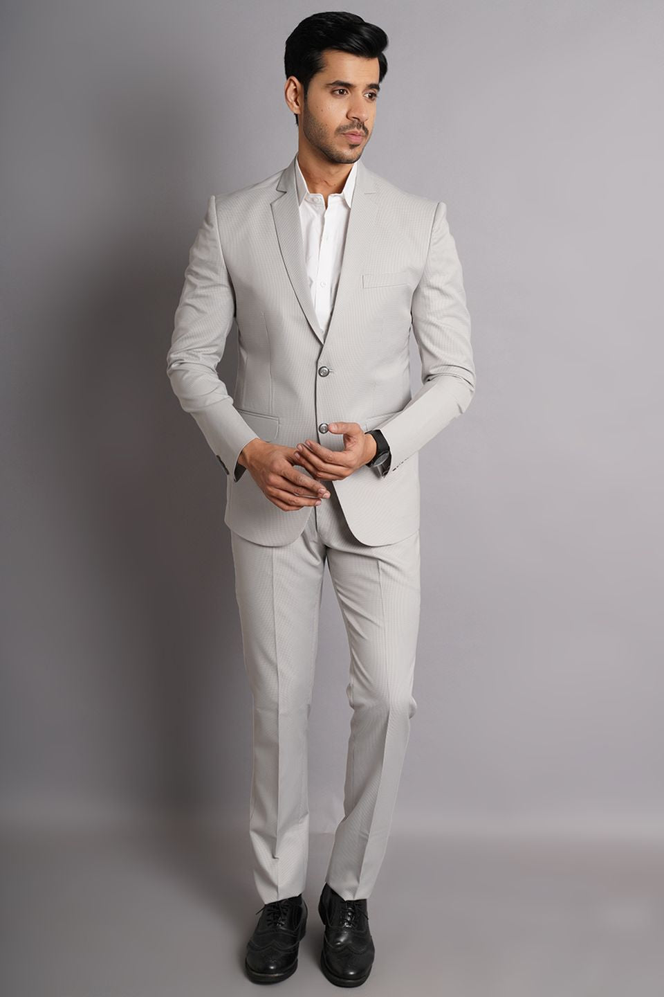 Poly Viscose Grey Solid Two Piece Suit
