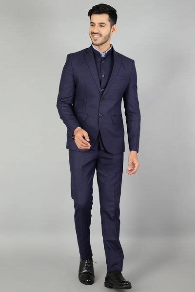Polyester Cotton Plain Blue Three Piece Suit