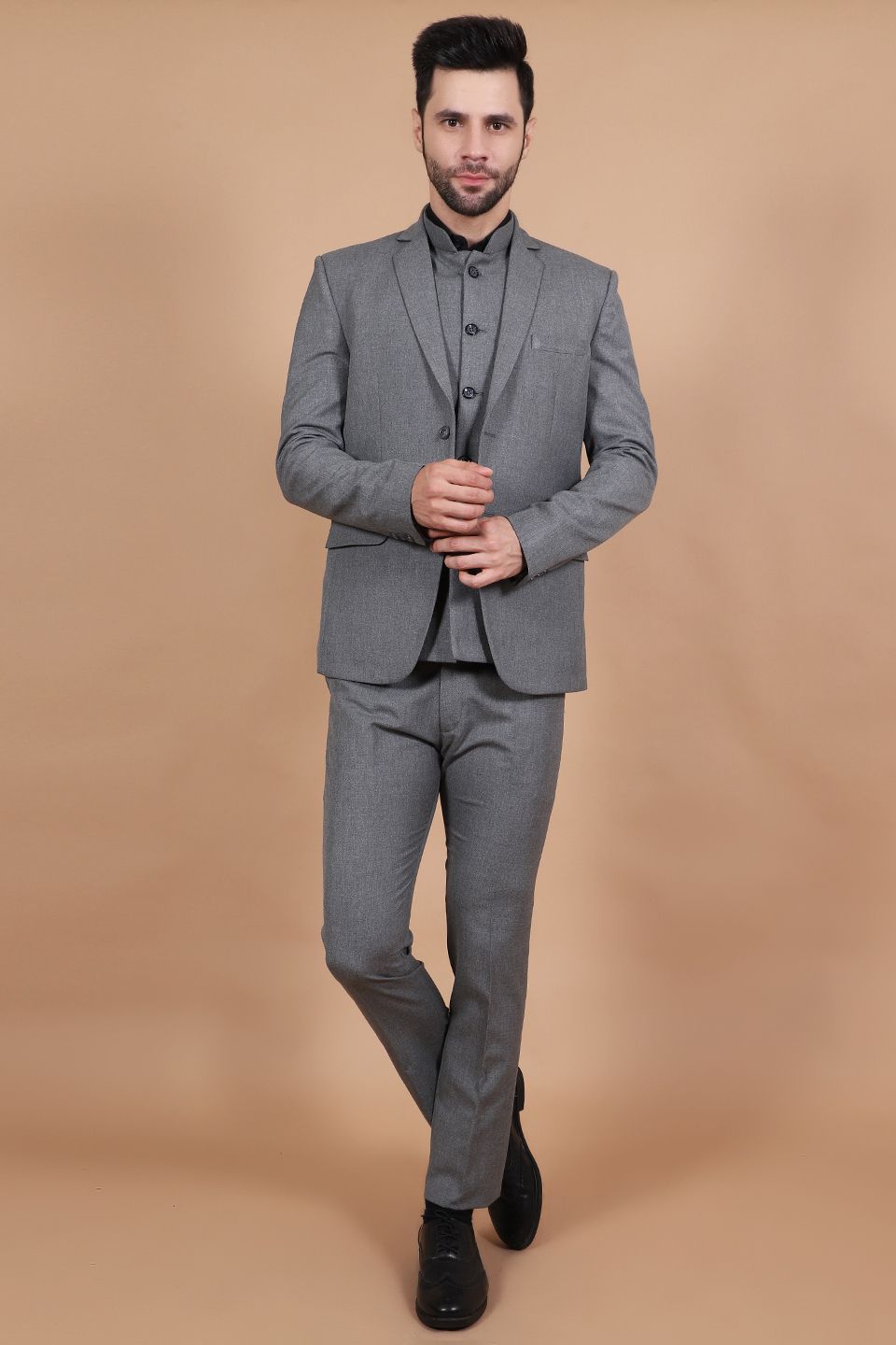 Polyester Cotton Grey Three Piece Suit