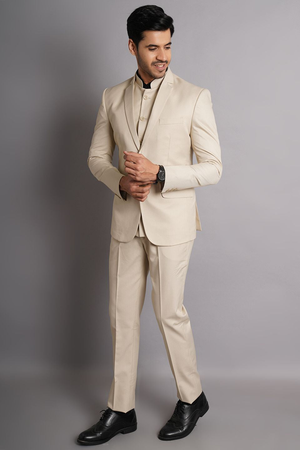 Poly Viscose Beige Solid Three Piece Suit