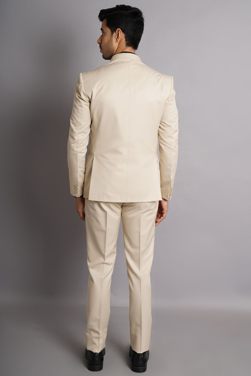 Poly Viscose Beige Solid Three Piece Suit
