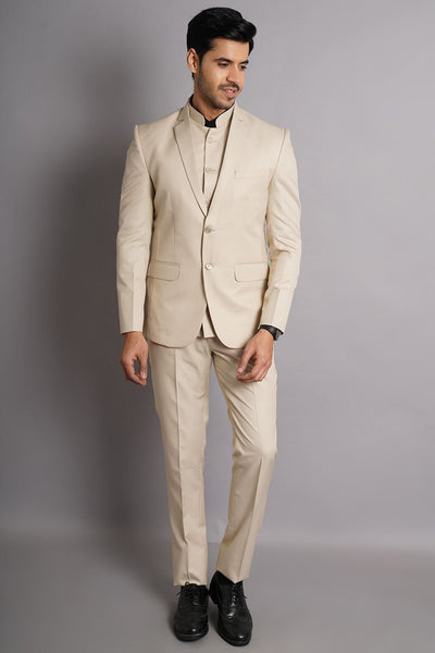 Poly Viscose Beige Solid Three Piece Suit
