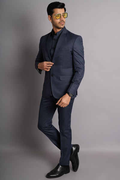 Poly Viscose Blue Solid Three Piece Suit