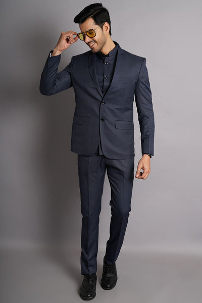 Poly Viscose Blue Solid Three Piece Suit