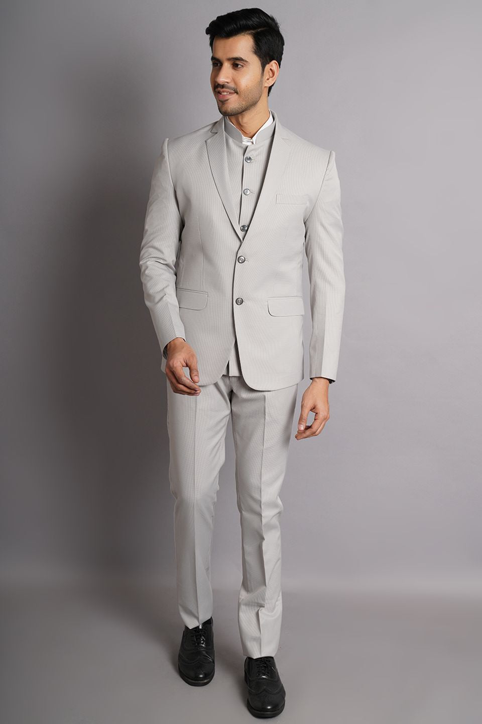 Poly Viscose Grey Solid Three Piece Suit