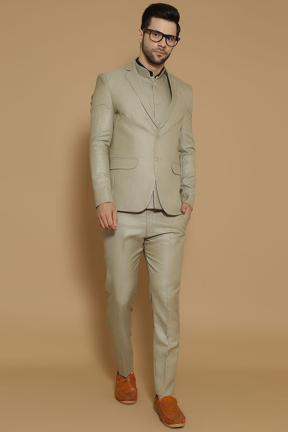 Poly Viscose Beige Three Piece Suit