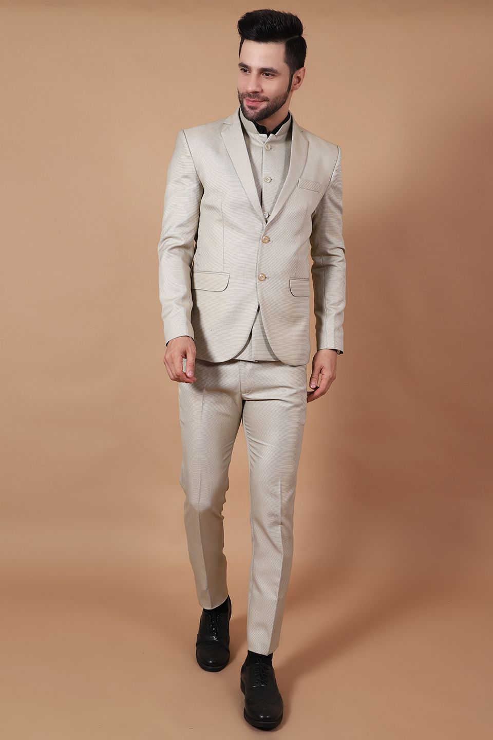 Polyester Cotton Beige Three Piece Suit