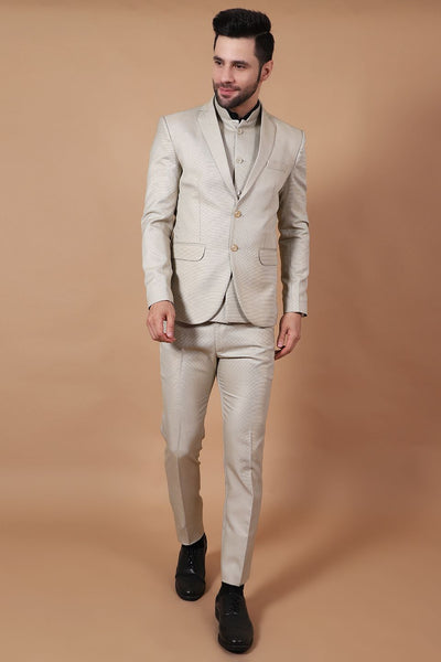 Polyester Cotton Beige Three Piece Suit