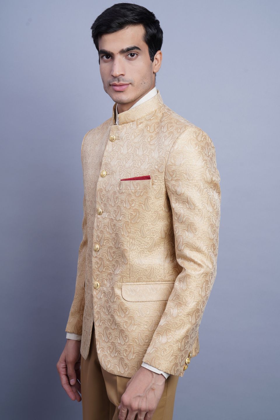 Wintage Men's Banarsi Rayon Cotton Casual and Festive Indian Jodhpuri Grandad Bandhgala Blazer : Beige