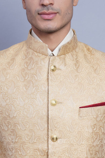 Wintage Men's Banarsi Rayon Cotton Casual and Festive Indian Jodhpuri Grandad Bandhgala Blazer : Beige