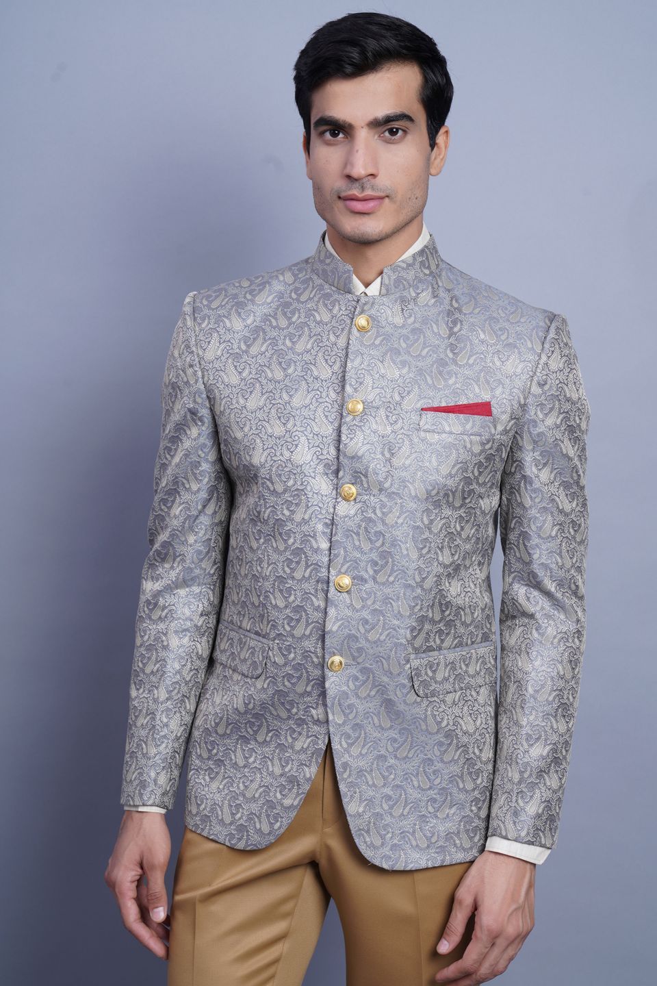 Wintage Men's Banarasi Rayon Cotton Casual and Festive Indian Jodhpuri Grandad Bandhgala Blazer : Grey