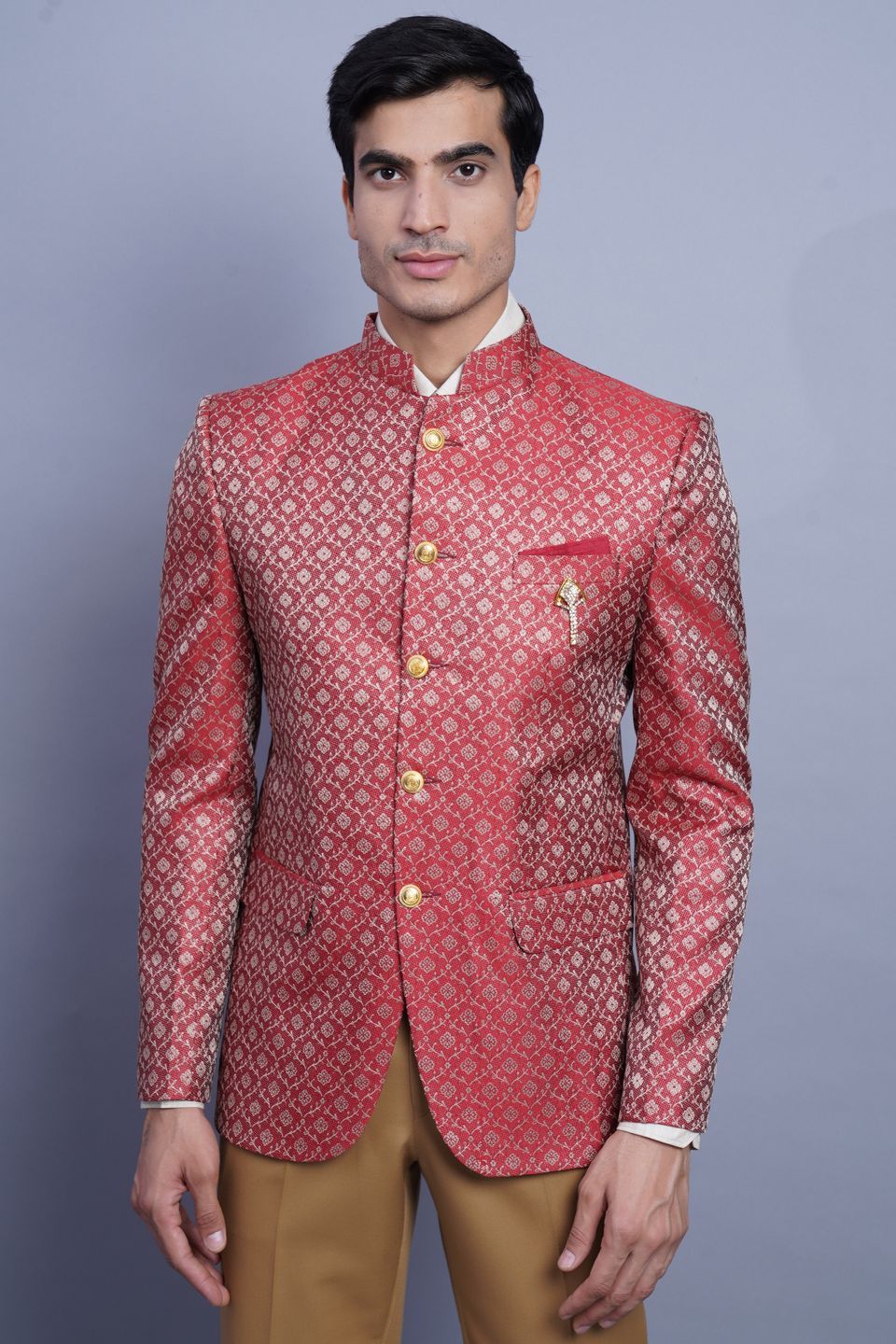Wintage Men's Banarasi Rayon Cotton Casual and Festive Indian Jodhpuri Grandad Bandhgala Blazer : Red