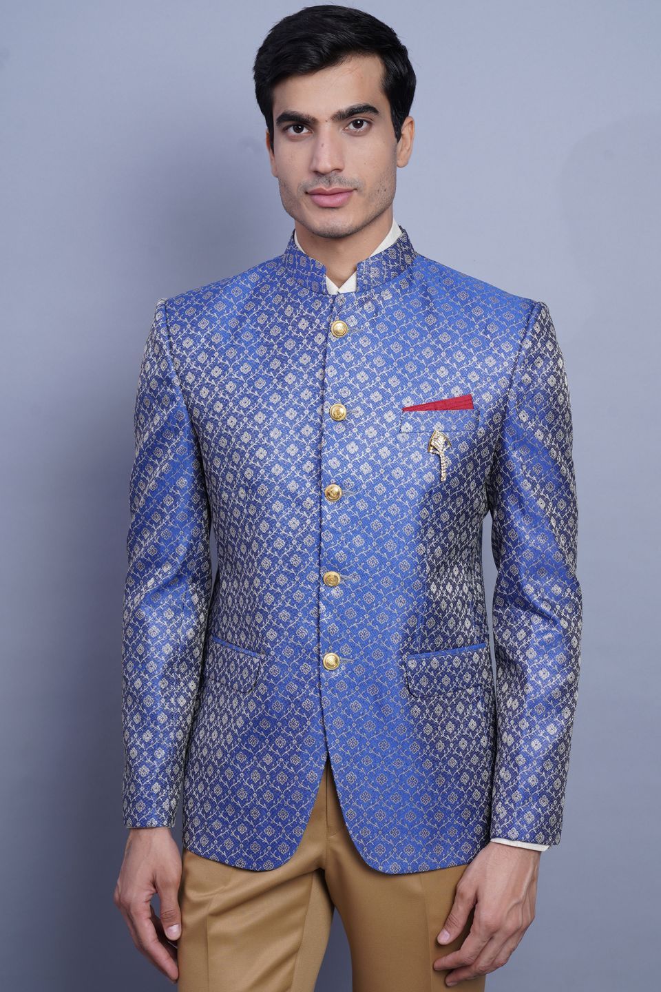 Wintage Men's Banarasi Rayon Cotton Casual and Festive Indian Jodhpuri Grandad Bandhgala Blazer : Blue